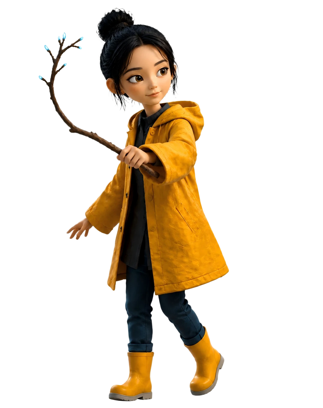 3D AI girl researcher holding a magical branch